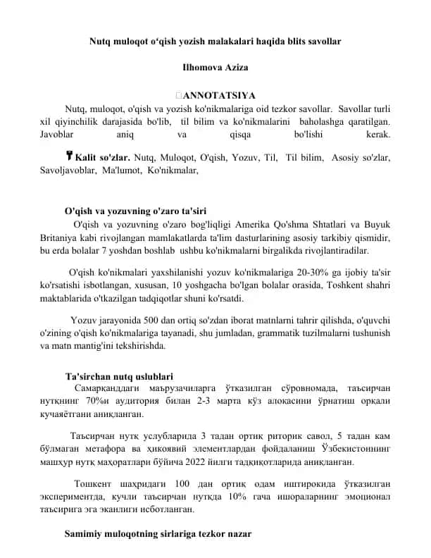 Nutq, muloqot, o'qish yozish malakalari haqida blits savollar