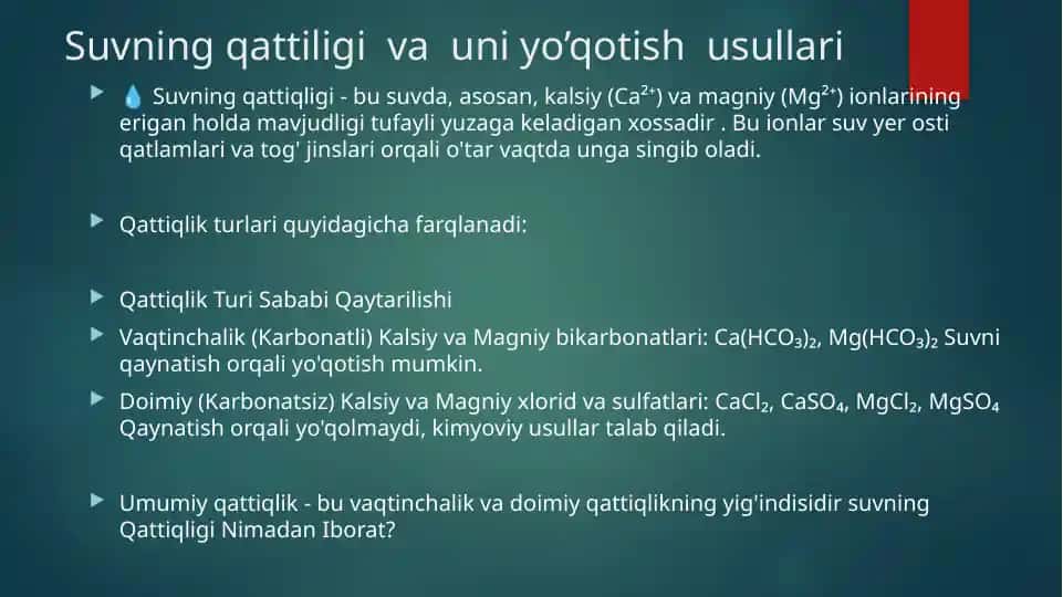 Suvning qattiqligi va uni yo’qotish usullari