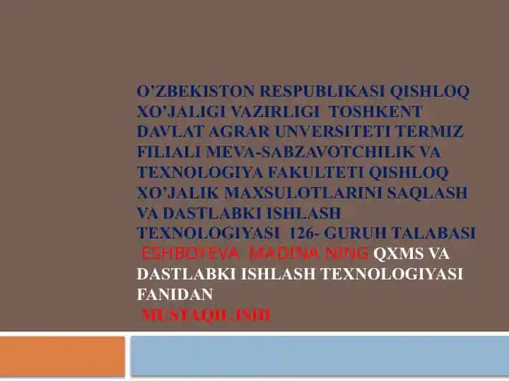 Meva-sabzavotlarni saqlash va dastlabki qayta ishlash texnologiyasi