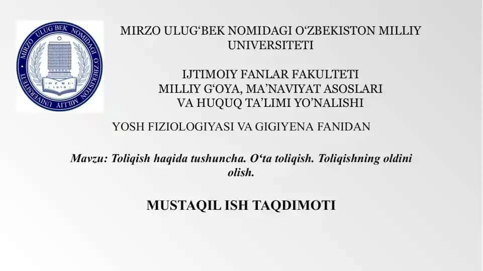 Yosh Fiziologiyasi va Gigiyena Fanidan Mustaqil Ish Taqdimoti