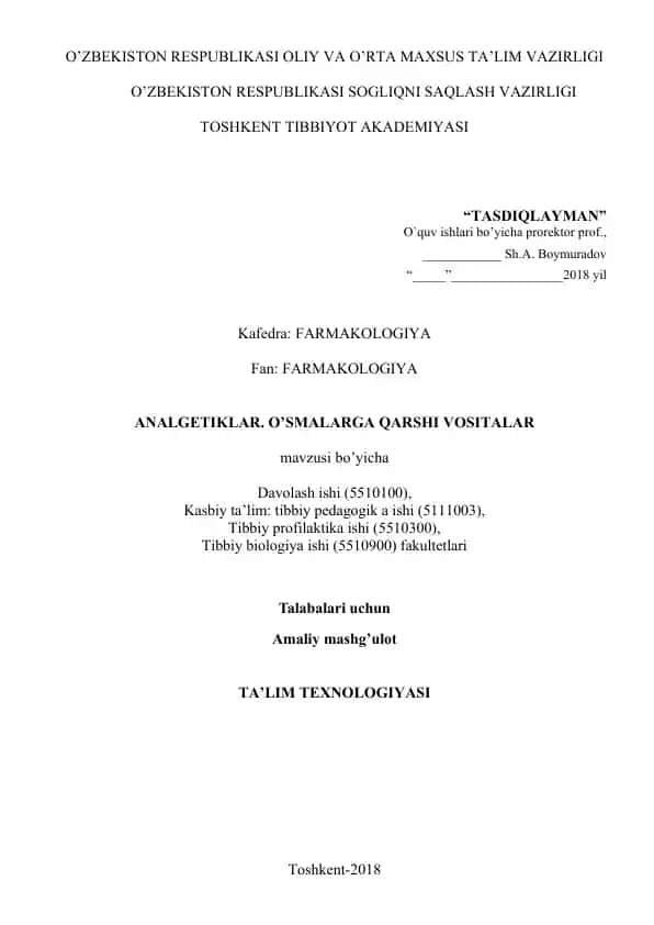 ANALGETIKLAR. O’SMALARGA QARSHI VOSITALAR