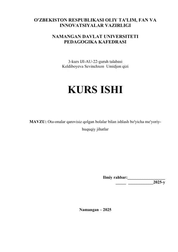 Ota-onalar qarovisiz qolgan bolalar bilan ishlash bo'yicha me'yoriy-huquqiy jihatlar