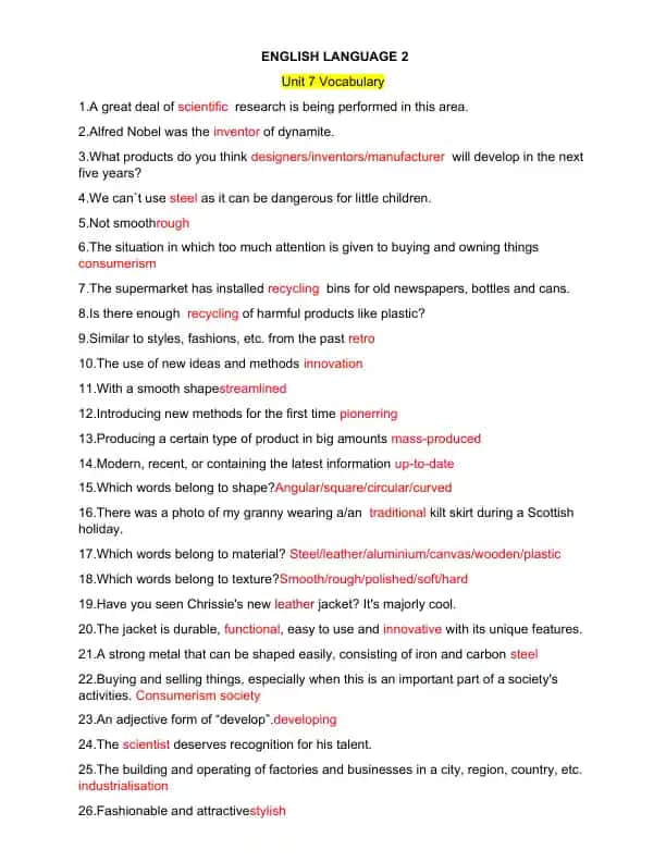 English Language 2 Unit 7 Vocabulary