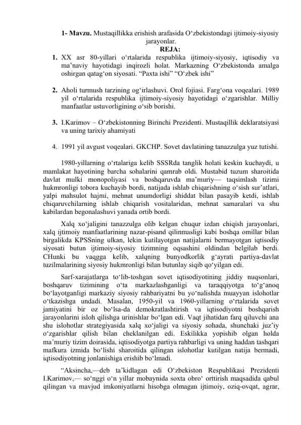 Mustaqillikka erishish arafasida O‘zbekistondagi ijtimoiy-siyosiy jarayonlar