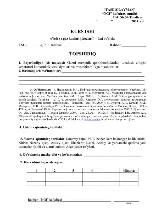Gazni mexanik qo‘shimchalardan tozalash chiqish separatori konstruktiv xususiyatlari va mustahkamlikga hisoblashlar kurs ishi