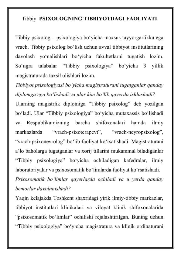 Tibbiy Psixologning Tibbiyotdagi Faoliyati