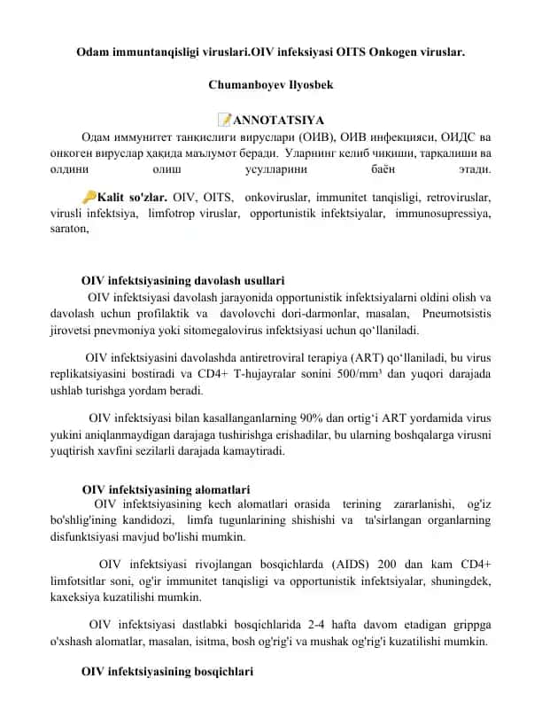 Odamlar Imunitet Tanqisligi Viruslari (OIV) Infektsiyasi