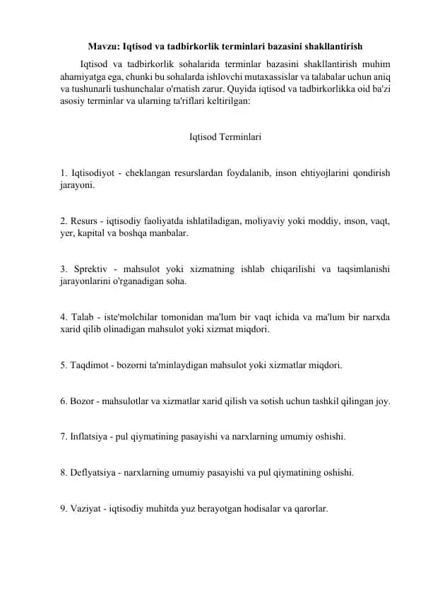 Iqtisod va tadbirkorlik terminlari bazasi