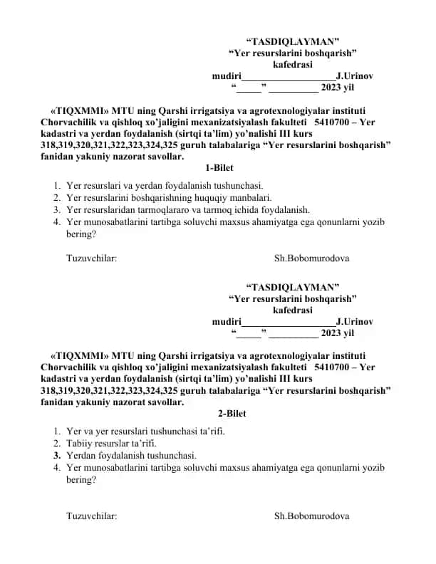 Yakuniy nazorat savollari "Yer resurslarini boshqarish" fanidan