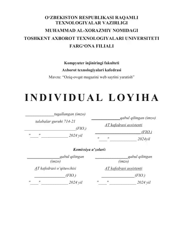 Oziq-ovqat magazini web saytini yaratish loyihasi