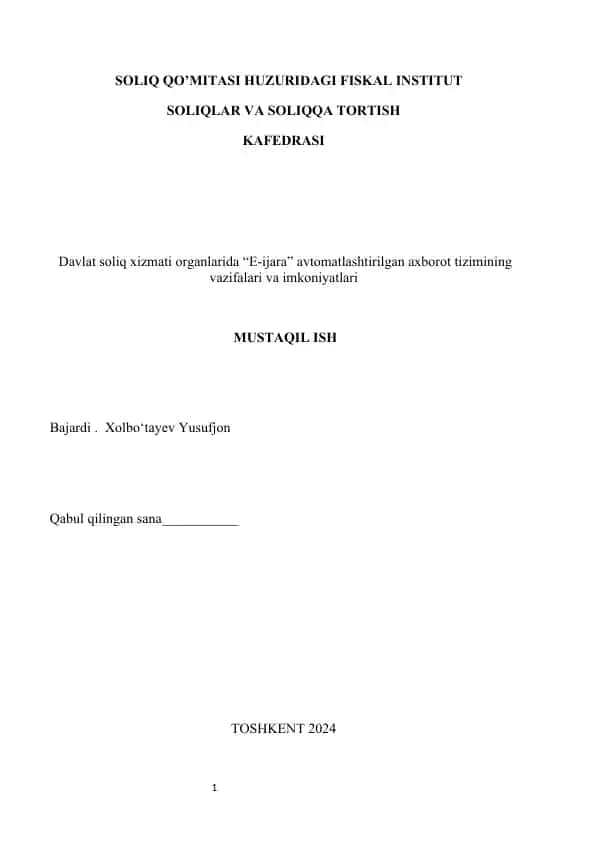 "SOLIQ QO’MITASI HUZURIDAGI FISKAL INSTITUT SOLIQLAR VA SOLIQQA TORTISH KAFEDRASI"