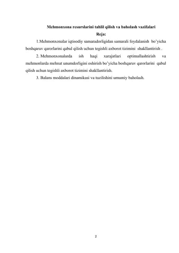 Mehmonxona resurslarini tahlil qilish va baholash vazifalari