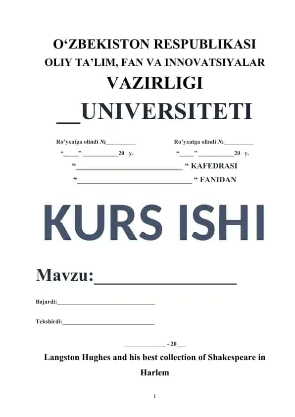 Kurs ishi – Langston Hughes va "Shakespeare in Harlem" to‘plami