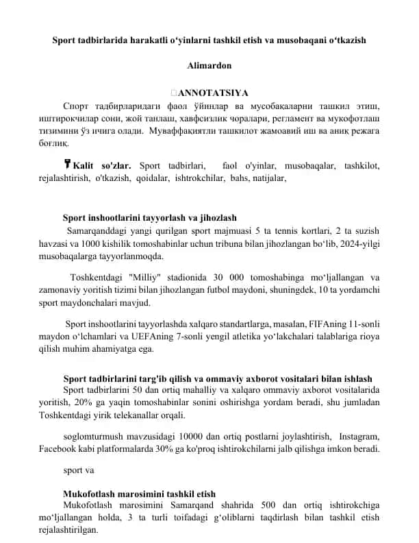 Sport tadbirlarida harakatli o‘yinlarni tashkil etish va musobaqani o‘tkazish