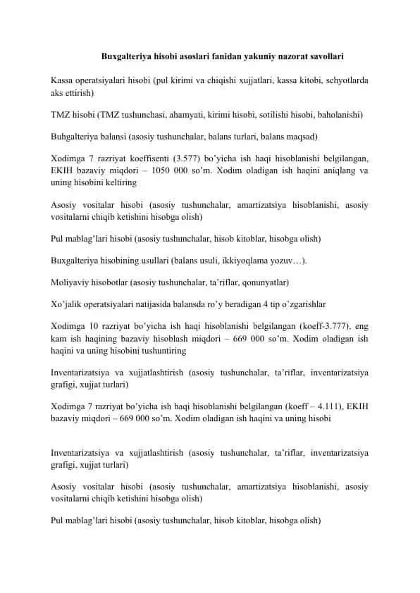 Buxgalteriya hisobi asoslari fanidan yakuniy nazorat savollari