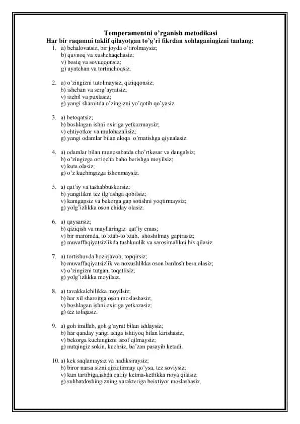 Temperamentni o’rganish metodikasi