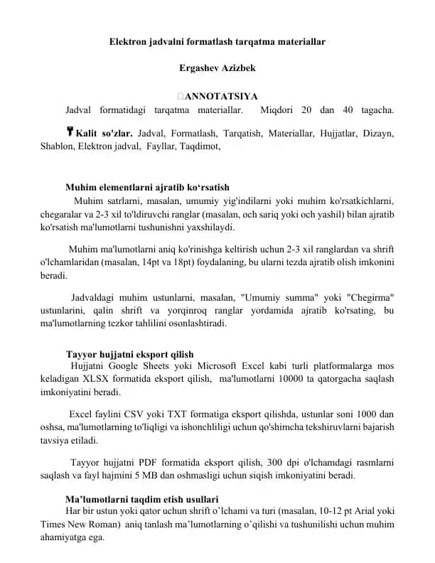 Elektron jadvalni formatlash tarqatma materiallar