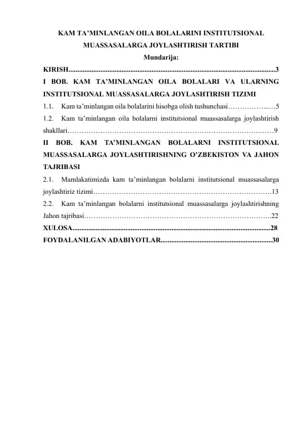 Kam ta’minlangan oila bolalarini institutsional muassasalarga joylashtirish tartibi