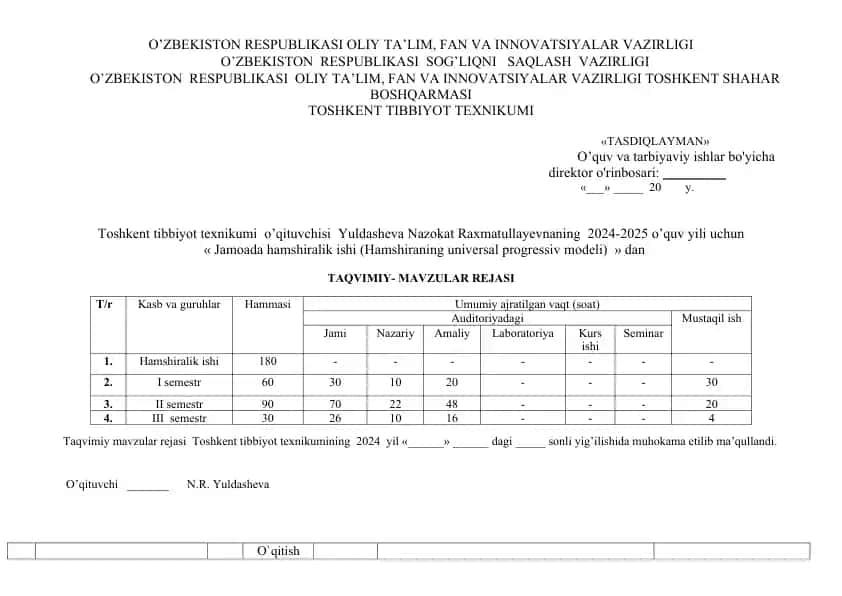Taqvimiyl mavzular rejasi