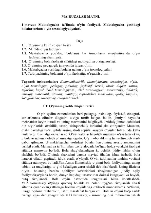 Maktabgacha ta’limda o’yin faoliyati