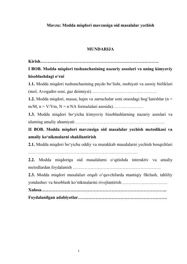 Modda miqdori mavzusiga oid masalalar yechish
