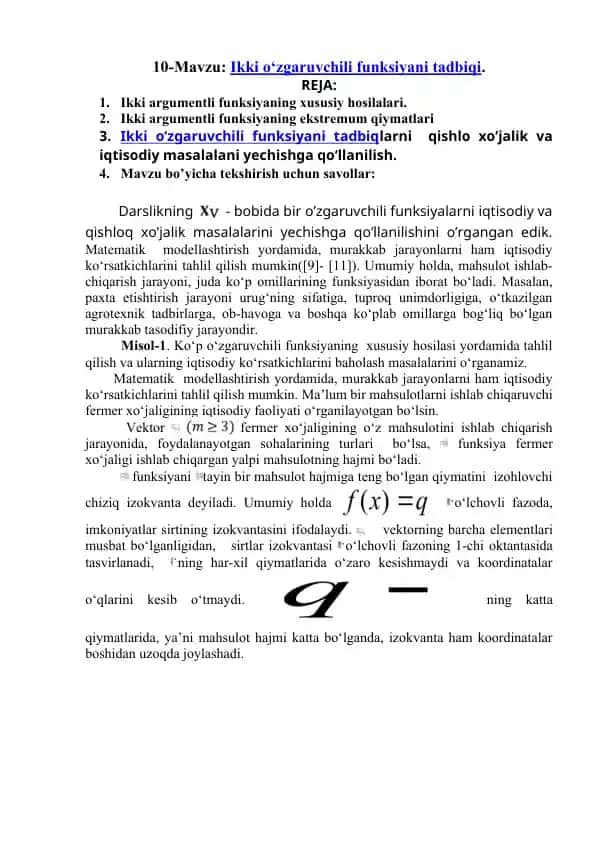Ikki o'zgaruvchili funksiyani tadbiqi