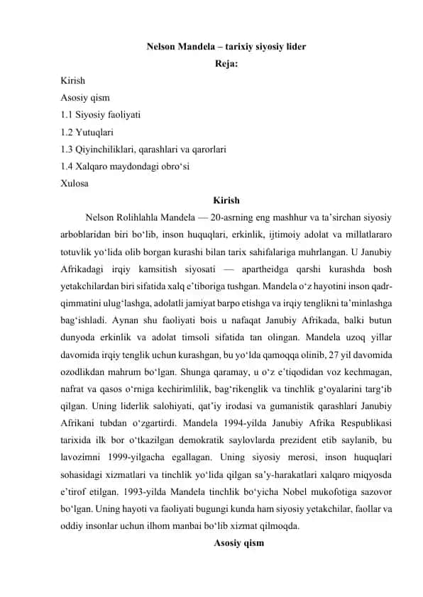 Nelson Mandela – tarixiy siyosiy lider
