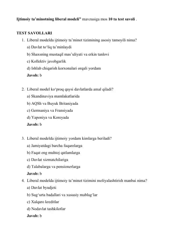 Ijtimoiy ta’minotning liberal modeli test savollari