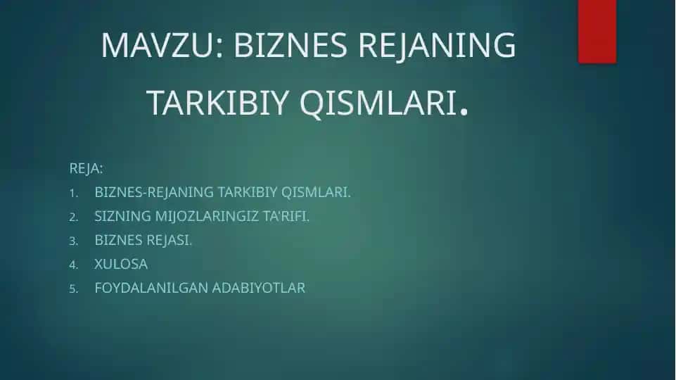 Biznes Rejani Tarkibiy Qismlari