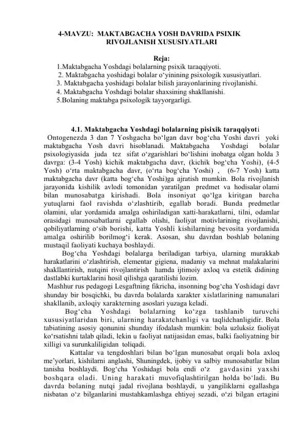 Maktabgacha Yosh Davrida Psixik Rivojlanish Xususiyatlari
