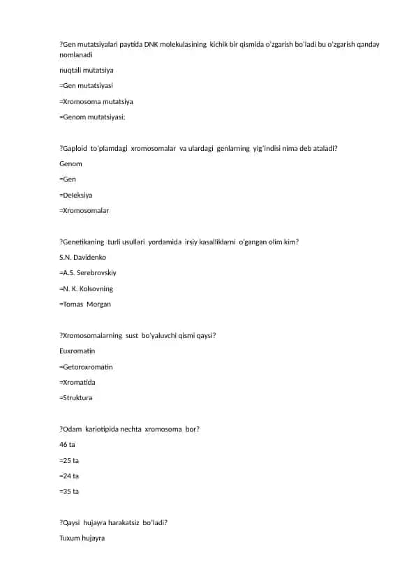 Genetika asoslari test savollari va javoblari