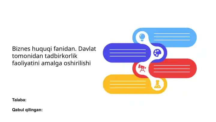 Biznes huquqi fanidan. Davlat tomonidan tadbirkorlik faoliyatini amalga oshirilishi