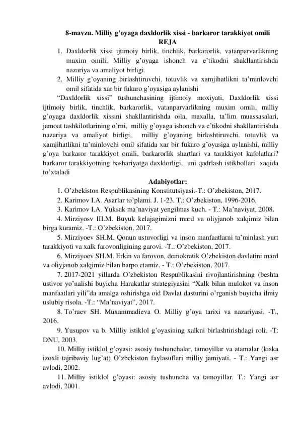 Milliy g’oyaga daxldorlik xissi - barkaror tarakkiyot omili