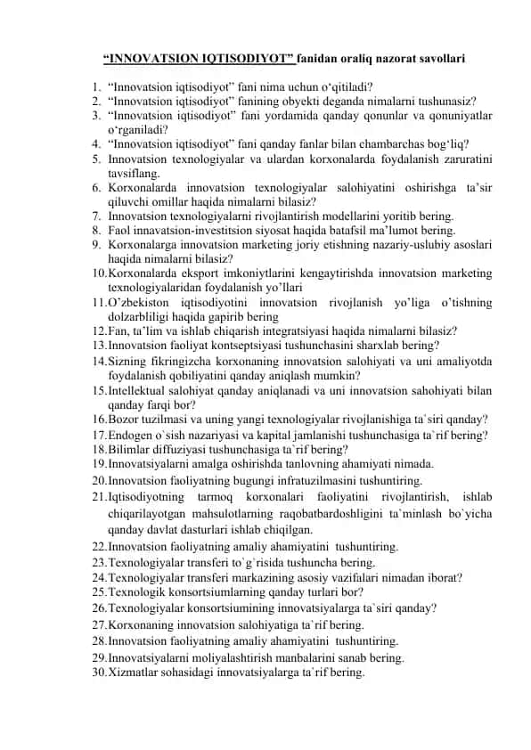"INNOVATSION IQTISODIYOT" fanidan oraliq nazorat savollari