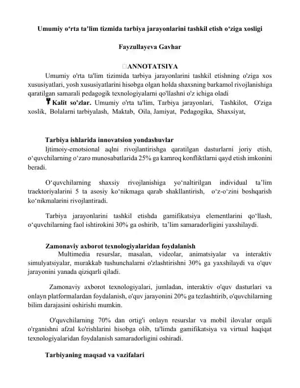 Umumiy oʻrta taʼlim tizmida tarbiya jarayonlarini tashkil etish oʻziga xosligi
