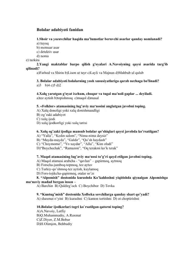 Bolalar adabiyoti fanidan test savollar to‘plami