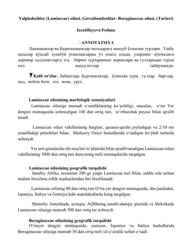 Yalpizdoshlar (Lamiaceae) oilasi