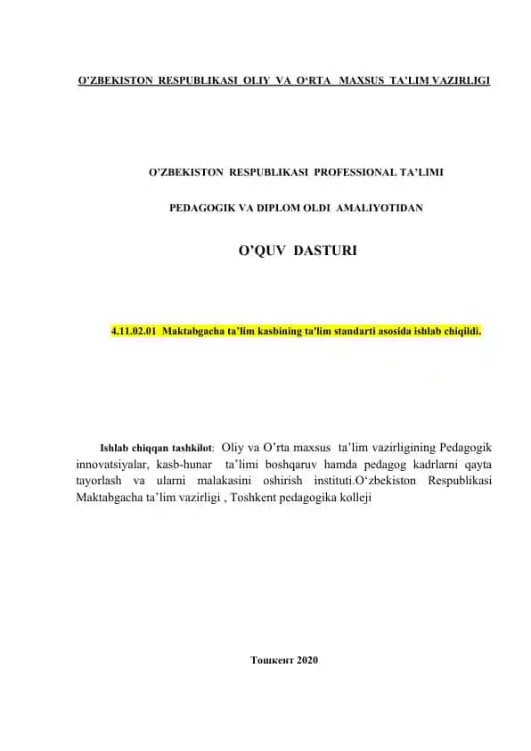 Pedagogik va diplom oldi amaliyotidan o‘quv dasturi