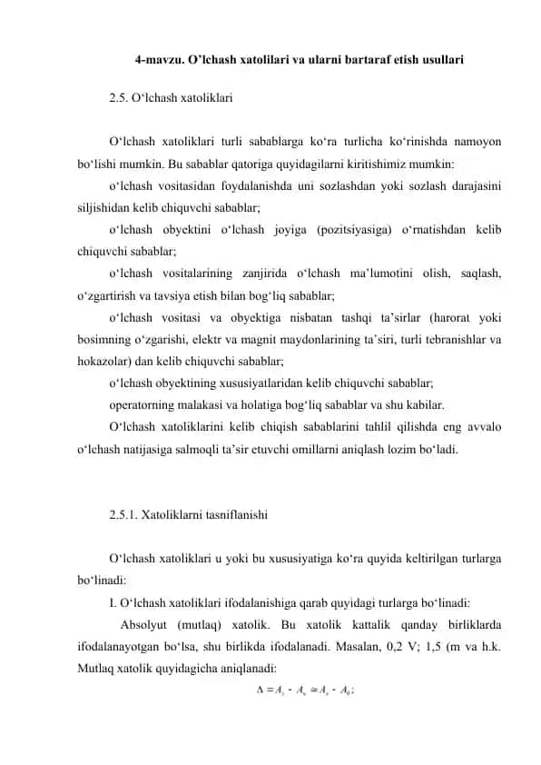 O’lchash xatolilari va ularni bartaraf etish usullari