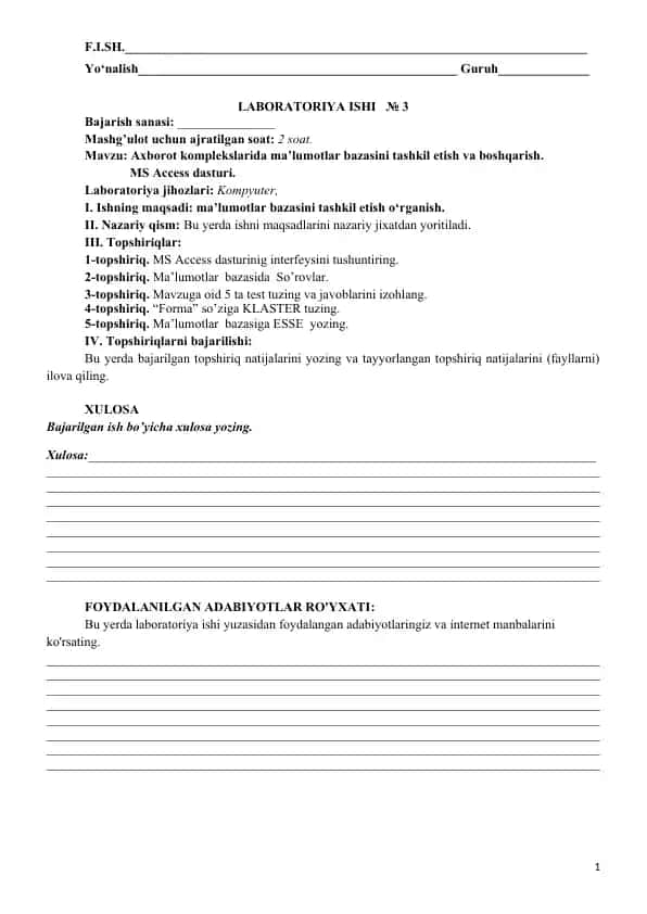 Laboratoriya ishi №3 MS Access dasturi