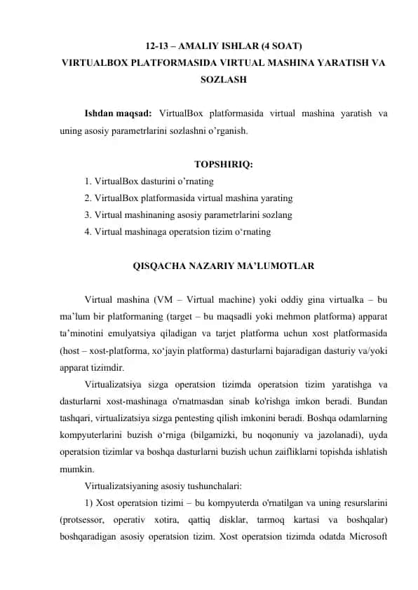 VirtualBox platformasida Virtual Mashina yaratish va sozlash