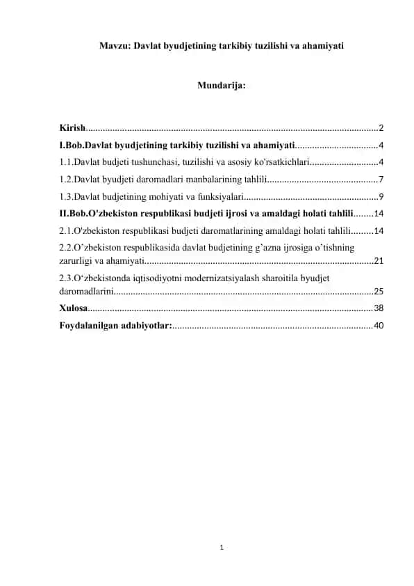 Davlat byudjetining tarkibiy tuzilishi va ahamiyati