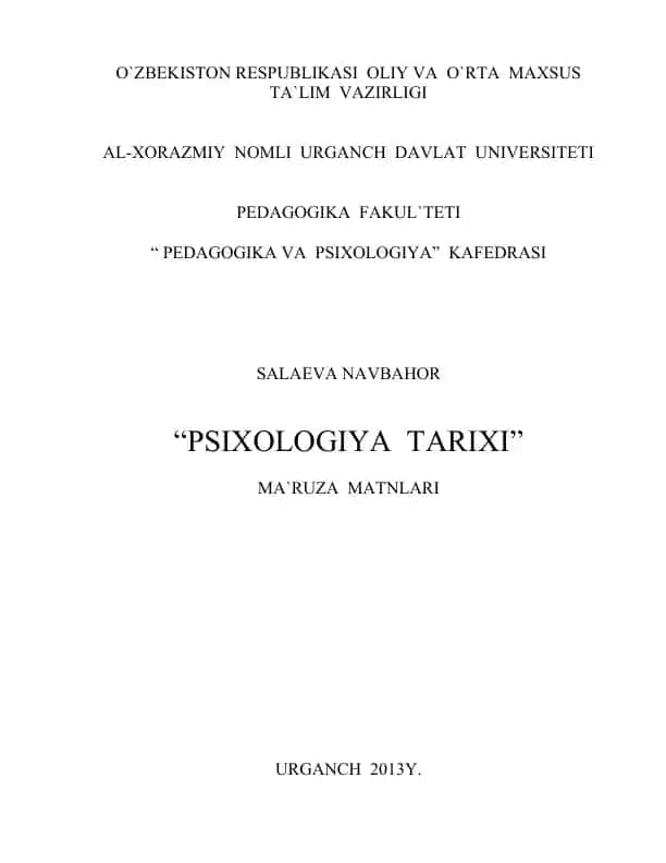Psixologiya tarixi ma`ruza matnlari