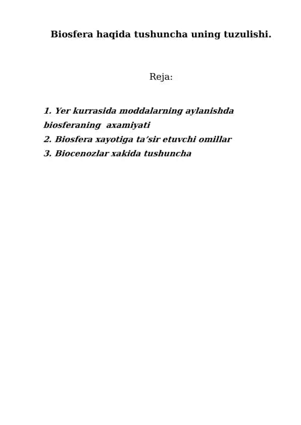 Biosfera haqida tushuncha uning tuzulishi