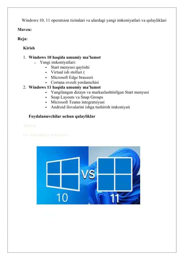 Windows 10, 11 operatsion tizimlari va ulardagi yangi imkoniyatlari