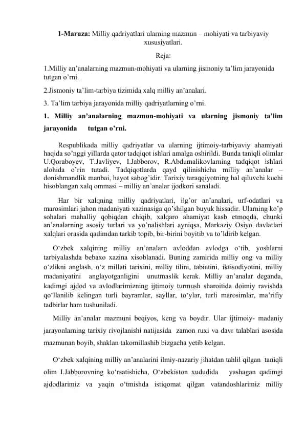 Maruza: Milliy qadriyatlari ularning mazmun – mohiyati va tarbiyaviy xususiyatlari