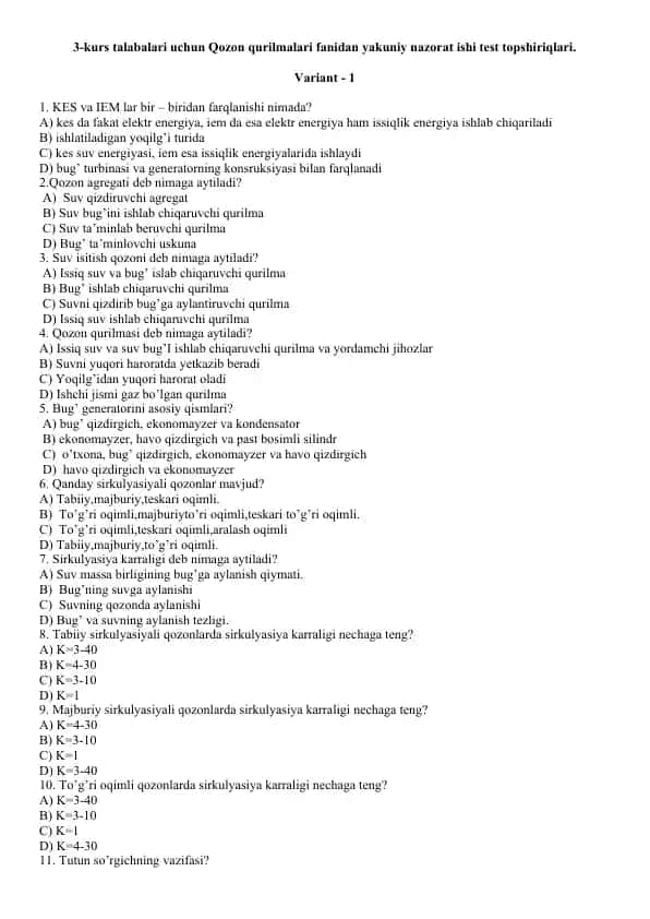 Qozon qurilmalari fanidan yakuniy nazorat ishi test topshiriqlari