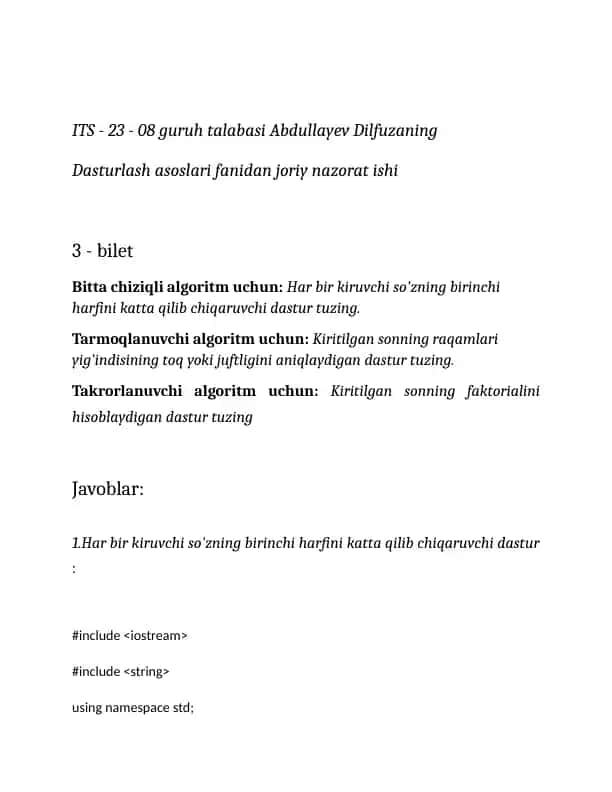 Dasturlash asoslari fanidan joriy nazorat bilet