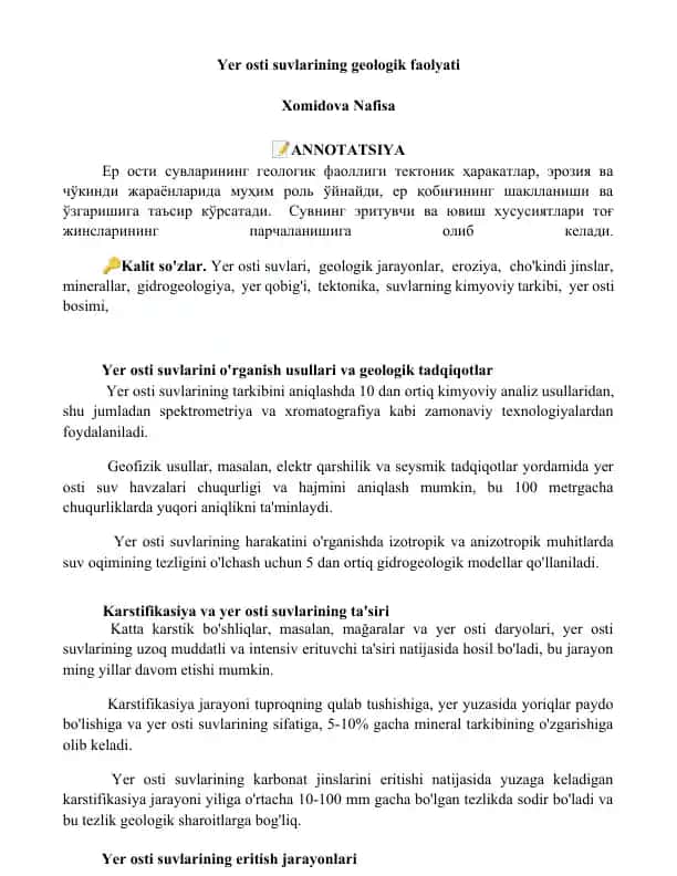 Yer osti suvlarining geologik faolyati