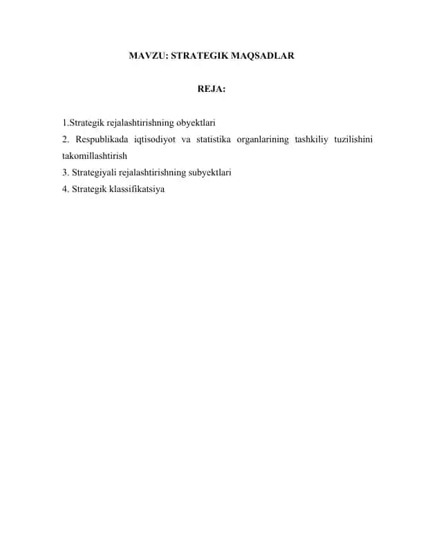 Strategik rejalashtirishning obyektlari